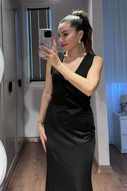 Wenra Yelek Görünümlü Tasarım Elbise - Siyah