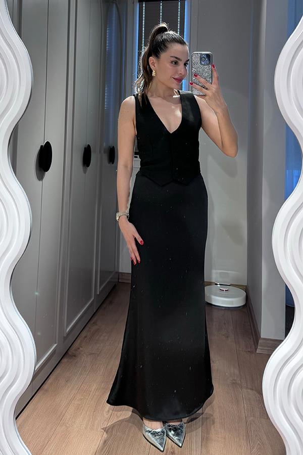 Wenra Yelek Görünümlü Tasarım Elbise - Siyah