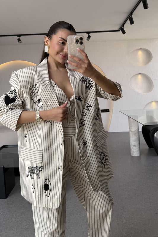 Wild Soul Çizgili Nakışlı Blazer Ceket
