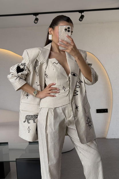 Wild Soul Çizgili Nakışlı Blazer Ceket