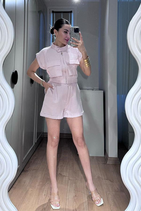 Wilfred Cep Detaylı Keten Gömlek Şort Takım-Lila