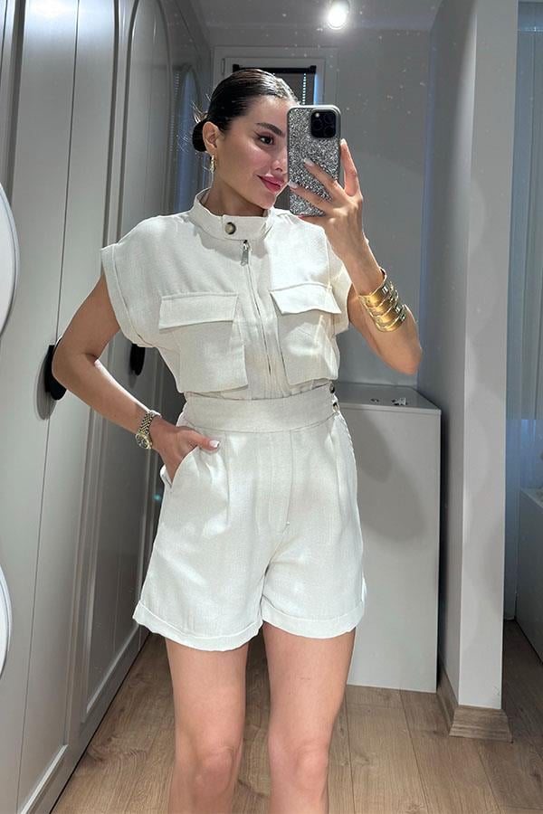 Wilfred Cep Detaylı Keten Gömlek Şort Takım-Beyaz