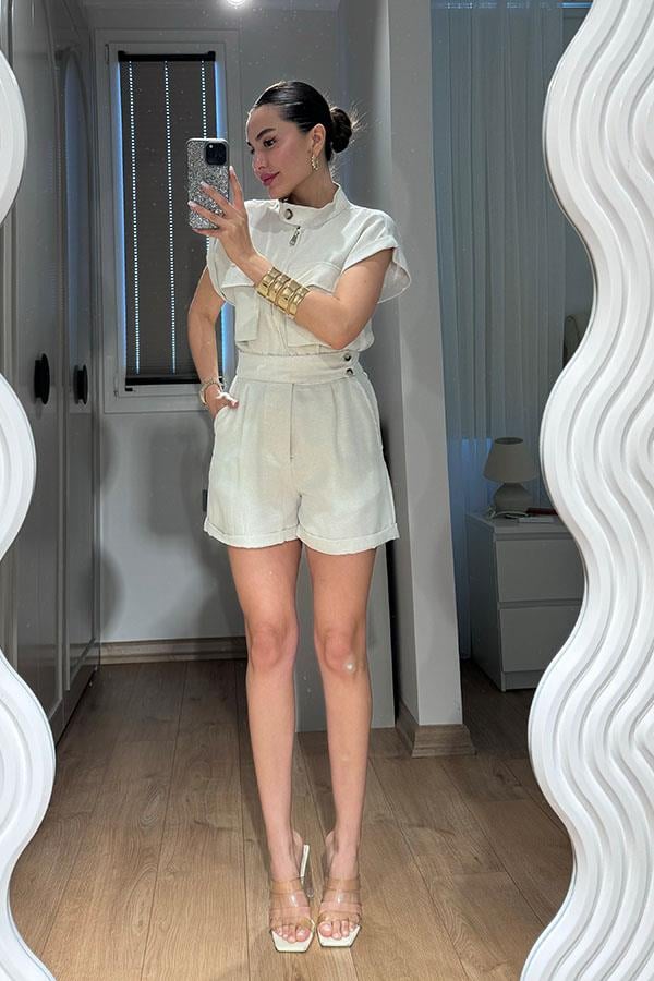 Wilfred Cep Detaylı Keten Gömlek Şort Takım-Beyaz