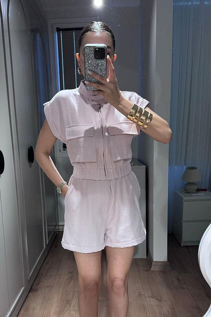 Wilfred Cep Detaylı Keten Gömlek Şort Takım-Lila