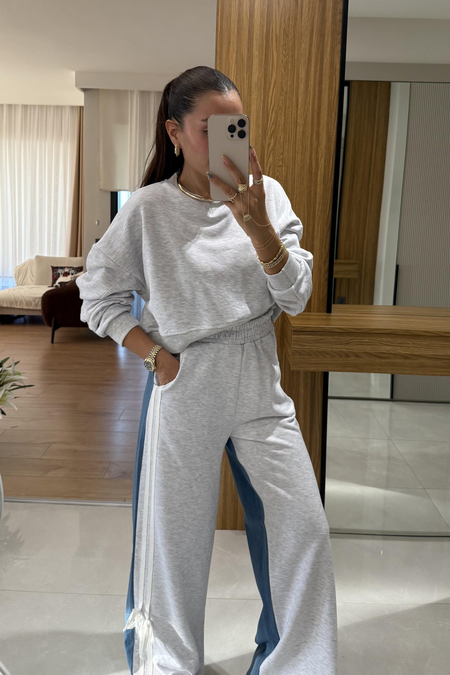 Wiola Gri Kot Karışımlı Şerit Detaylı Takım