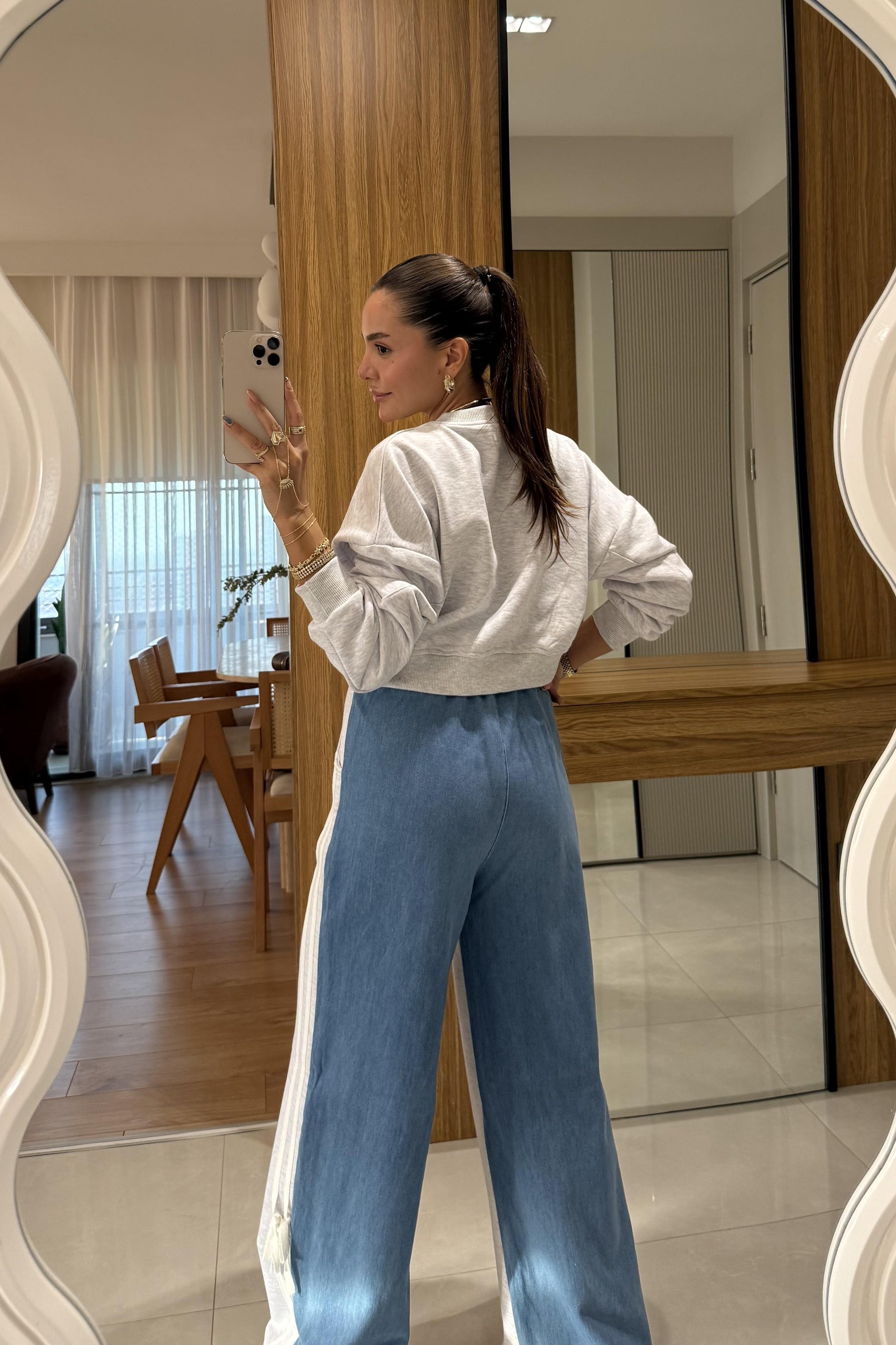 Wiola Gri Kot Karışımlı Şerit Detaylı Takım