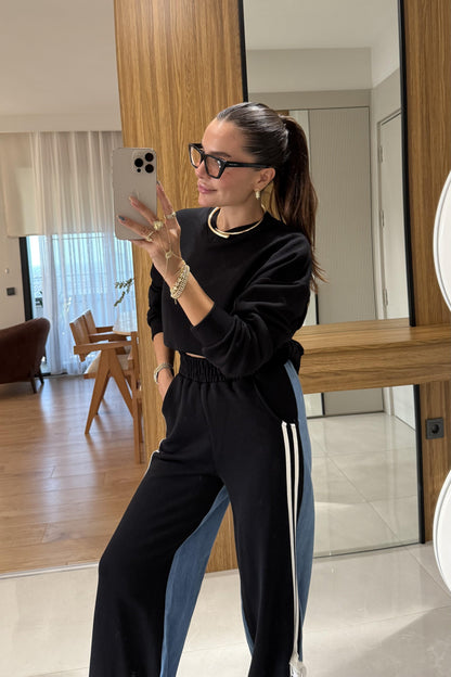 Wiola Siyah Kot Karışımlı Şerit Detaylı Takım