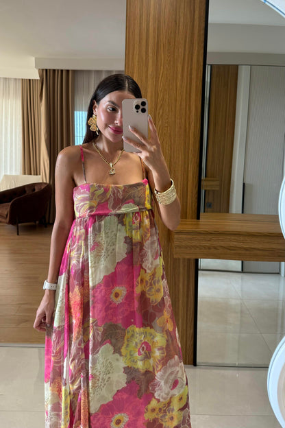 Wiole Çiçek Desen Askılı Şifon Elbise