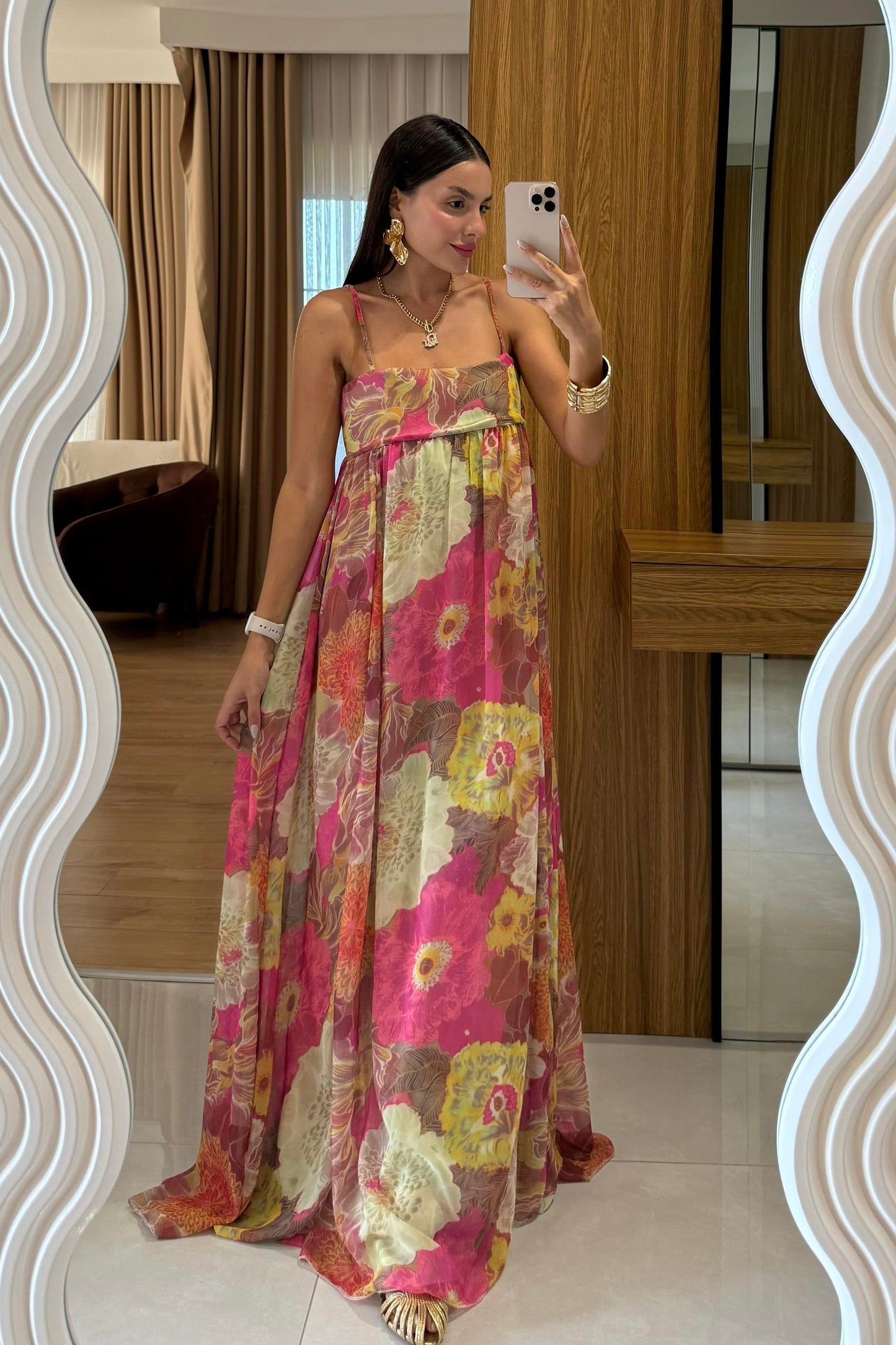 Wiole Çiçek Desen Askılı Şifon Elbise