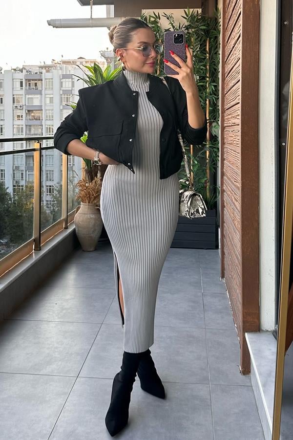 Wolans Yarım Balıkçı Süveter Elbise - Gri