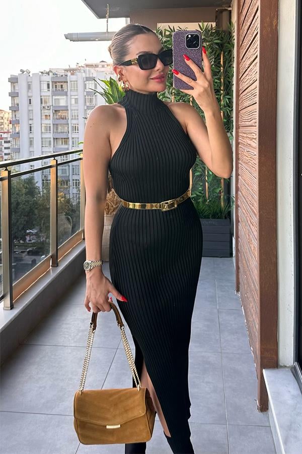 Wolans Yarım Balıkçı Süveter Elbise - Siyah