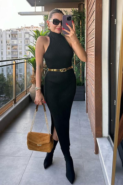 Wolans Yarım Balıkçı Süveter Elbise - Siyah