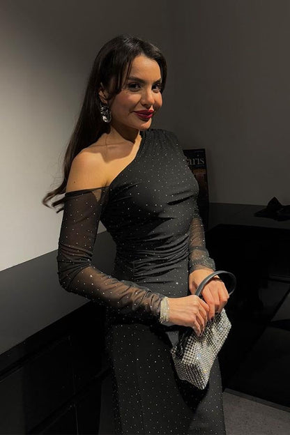 Wonder Tek Omuz Taşlı Tül Elbise