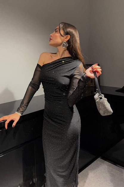 Wonder Tek Omuz Taşlı Tül Elbise