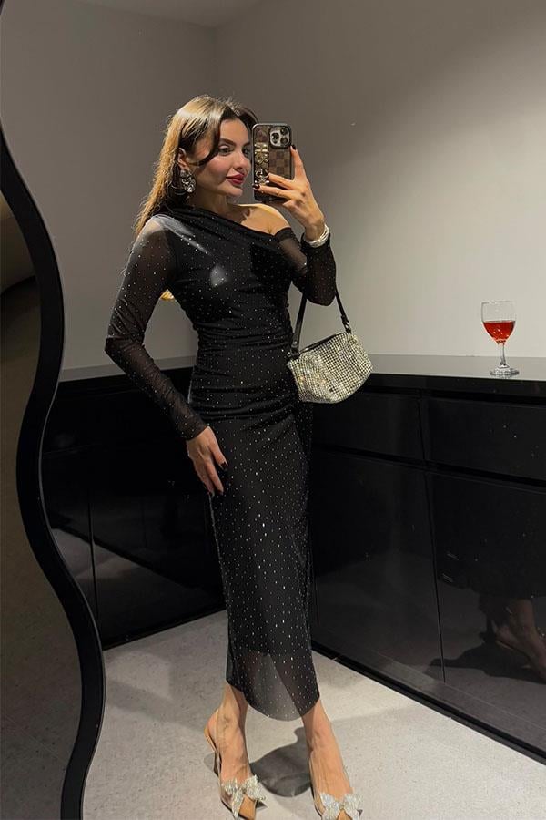 Wonder Tek Omuz Taşlı Tül Elbise