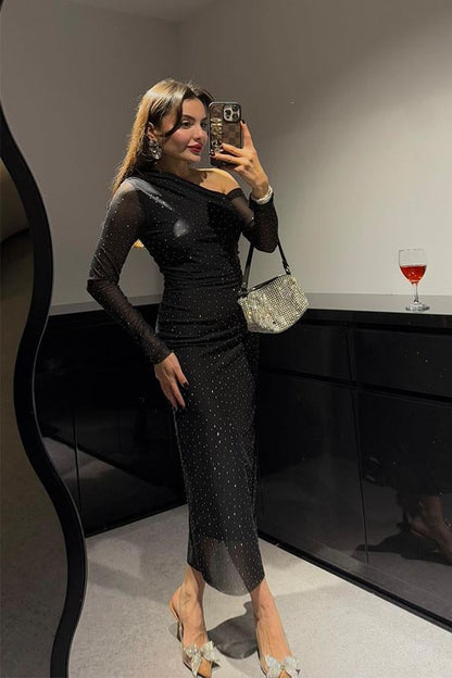 Wonder Tek Omuz Taşlı Tül Elbise