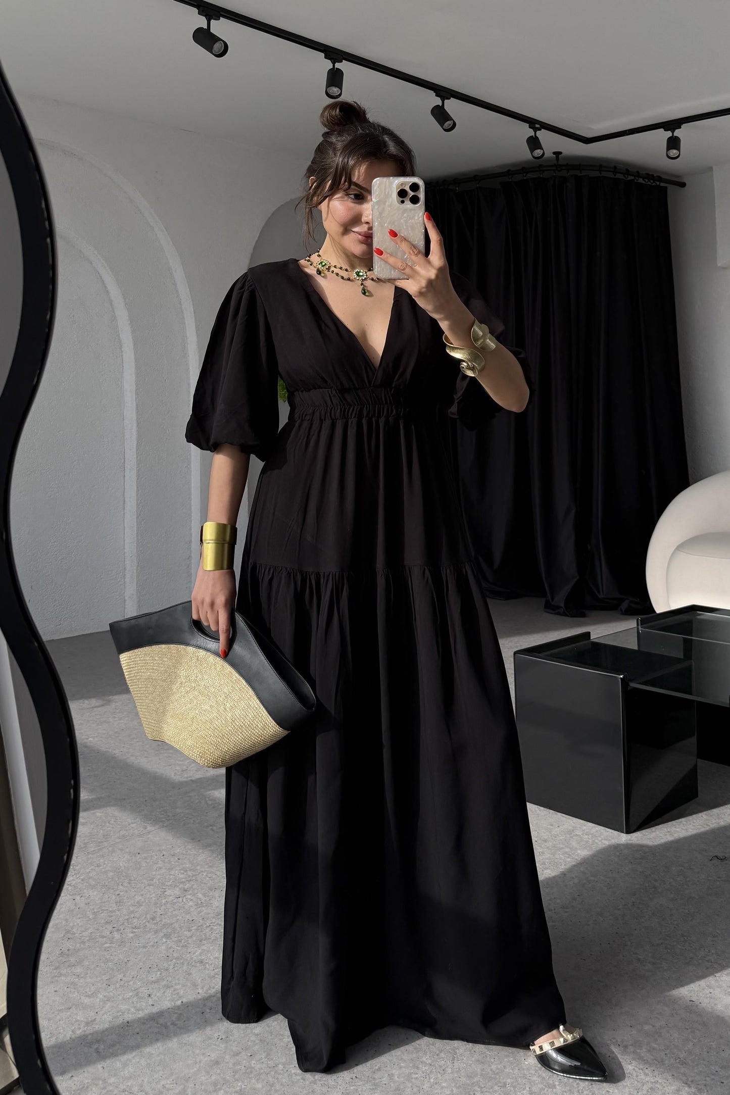 Wonka Siyah V yaka Çan Elbise