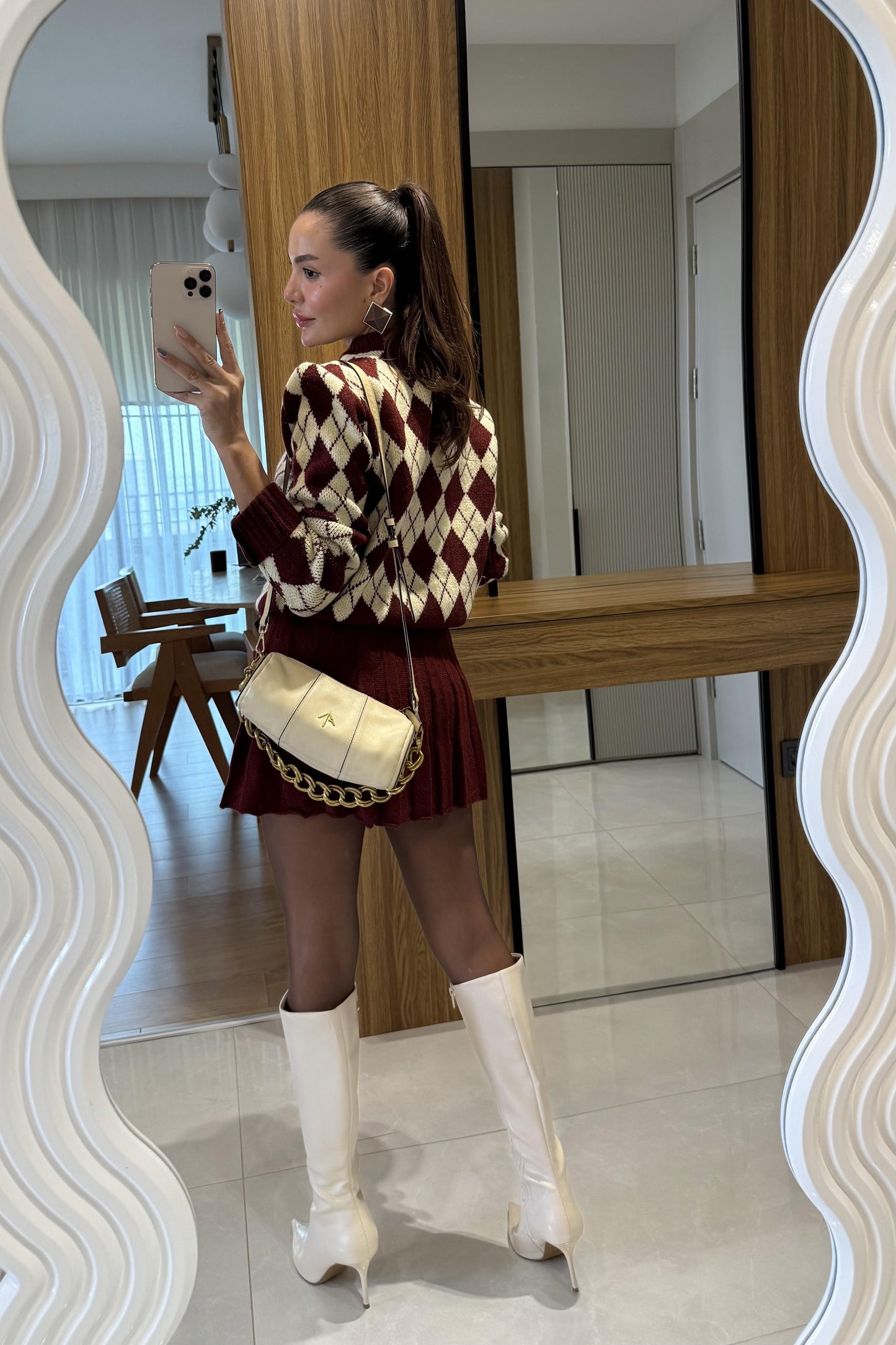 Woody Bordo- Sarı Baklava Desen Etekli Takım