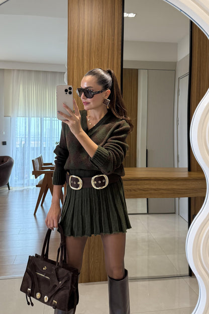 Woody Haki-Kahve Baklava Desen Etekli Takım