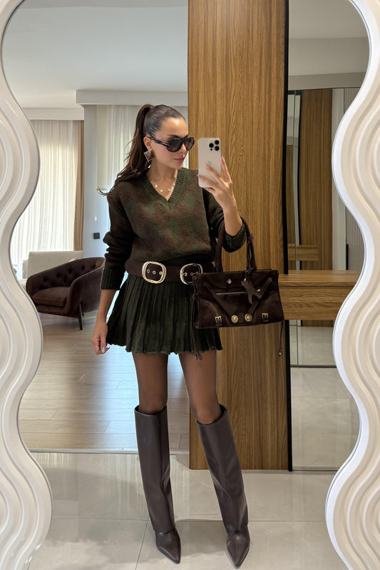 Woody Haki-Kahve Baklava Desen Etekli Takım