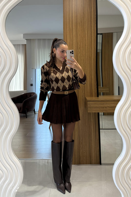 Woody Kahve-Vizon Baklava Desen Etekli Takım