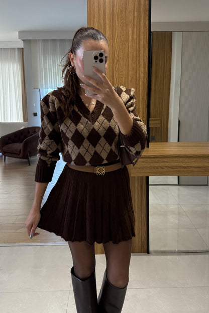 Woody Kahve-Vizon Baklava Desen Etekli Takım