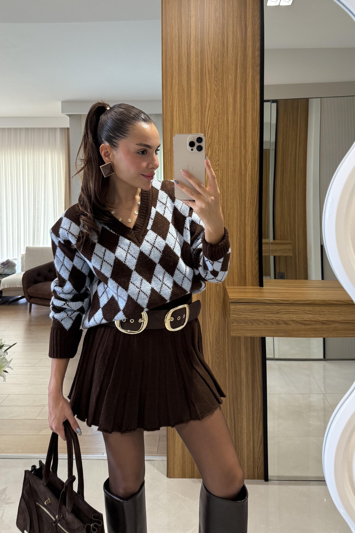 Woody Mavi-Kahve Baklava Desen Etekli Takım