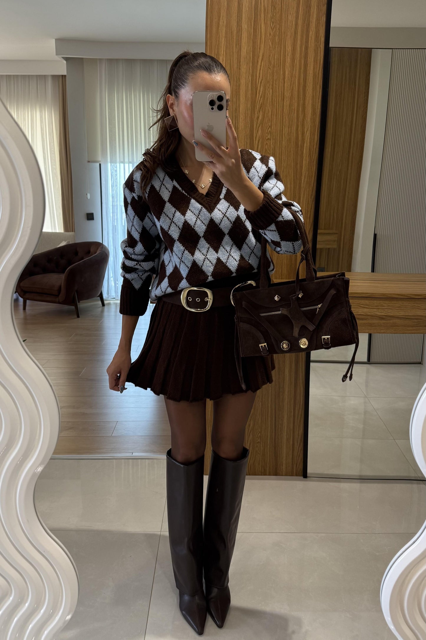 Woody Mavi-Kahve Baklava Desen Etekli Takım