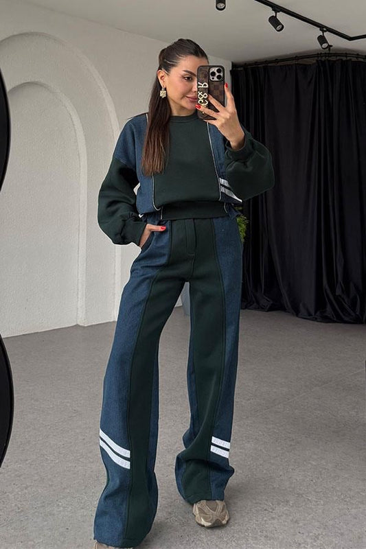 Ximena Haki Üç İplik Şardonlu Denim Karışımlı Takım