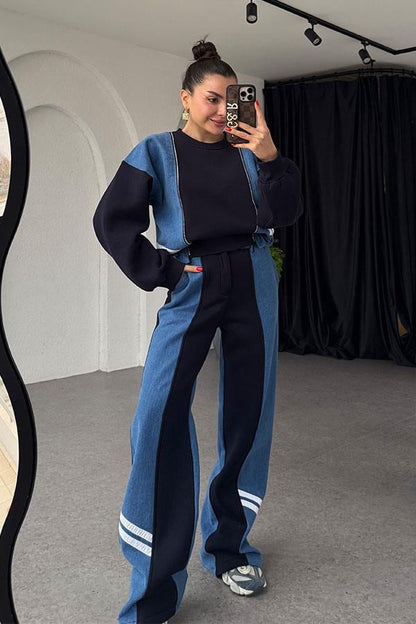 Ximena Lacivert Üç İplik Şardonlu Denim Karışımlı Takım