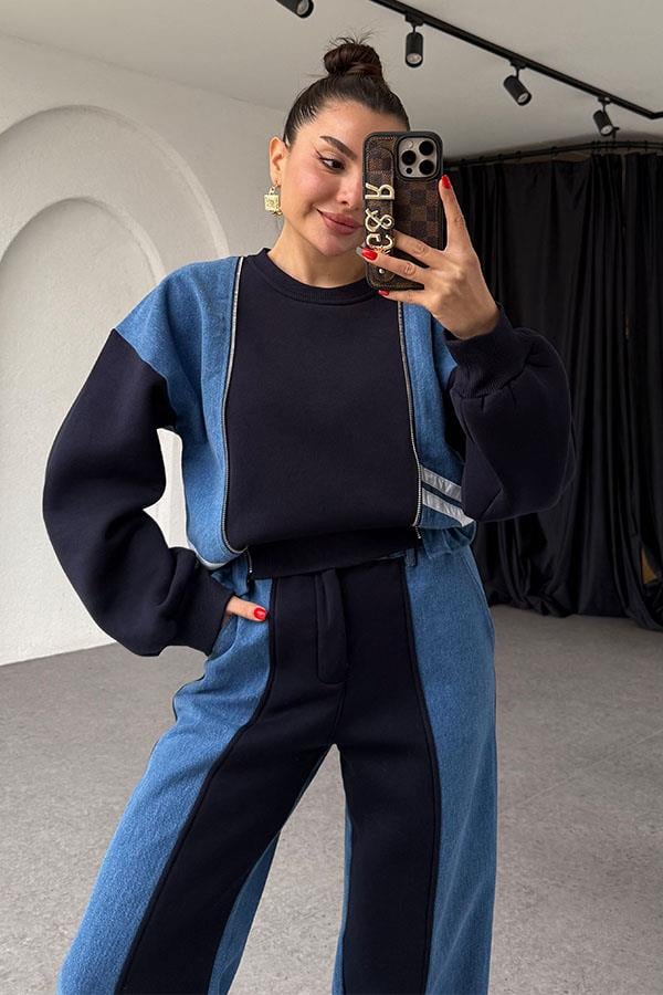 Ximena Lacivert Üç İplik Şardonlu Denim Karışımlı Takım