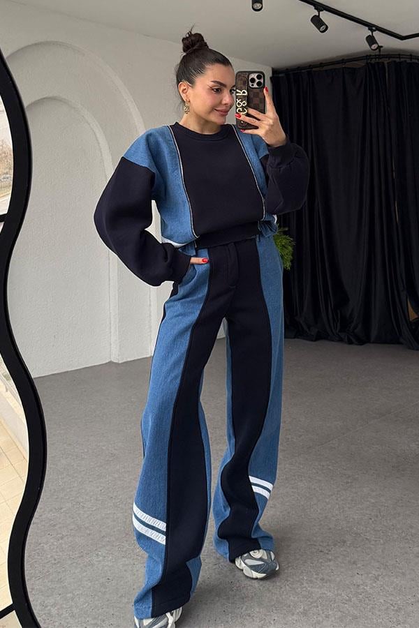 Ximena Lacivert Üç İplik Şardonlu Denim Karışımlı Takım