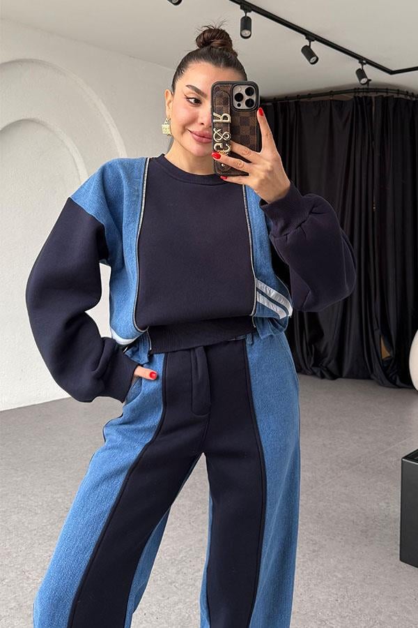 Ximena Lacivert Üç İplik Şardonlu Denim Karışımlı Takım