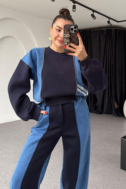 Ximena Lacivert Üç İplik Şardonlu Denim Karışımlı Takım