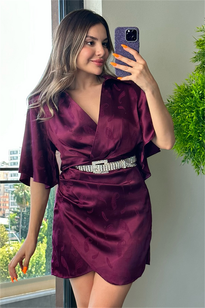 Yarasa kol patlıcan moru saten elbise