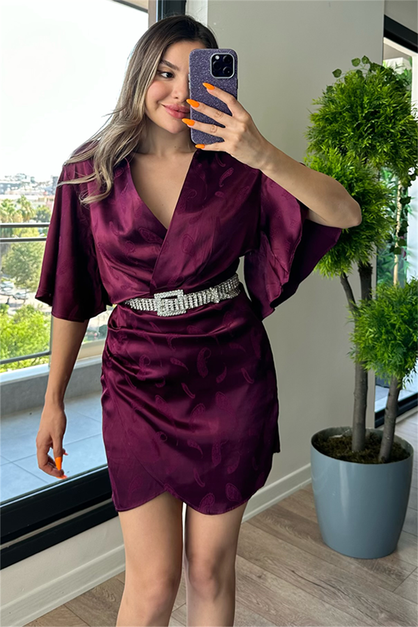 Yarasa kol patlıcan moru saten elbise