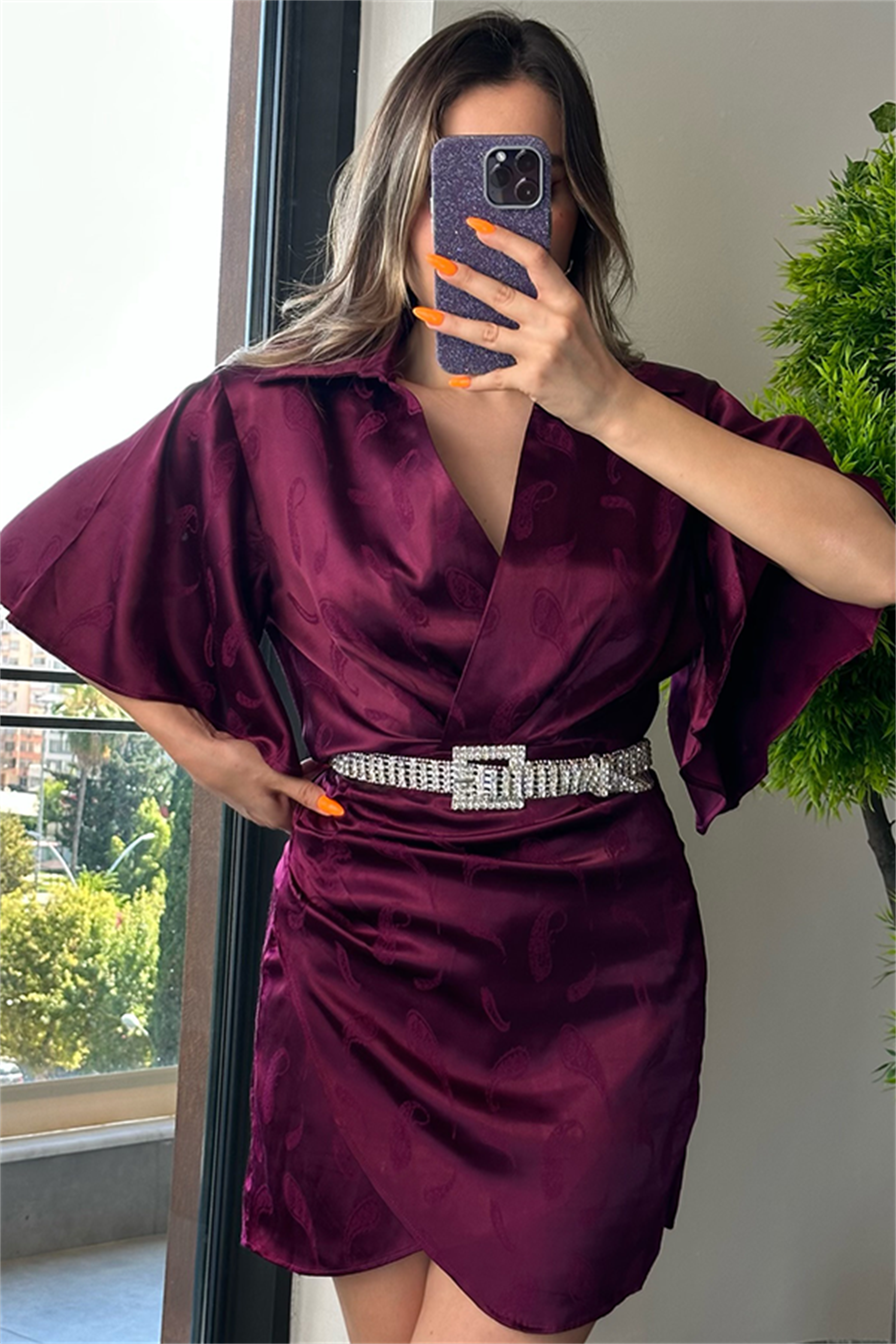 Yarasa kol patlıcan moru saten elbise