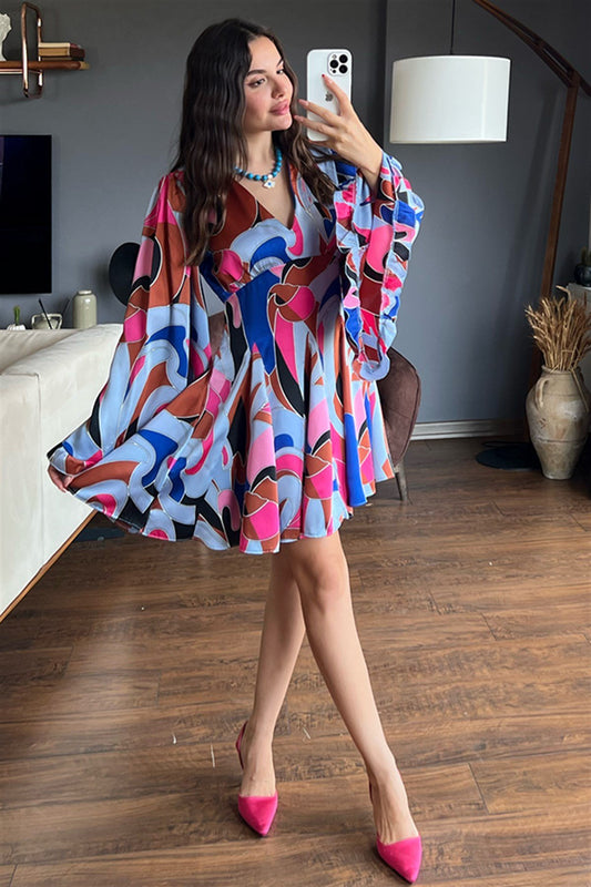 Yarasa kol renkli saten dokulu elbise