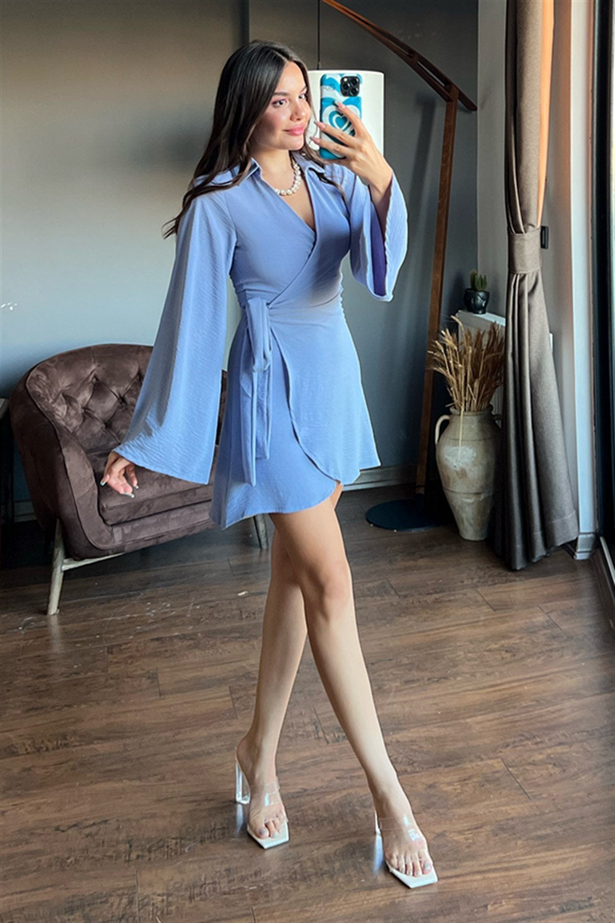 Yarasa kol yandan bağlamalı bebe mavisi elbise