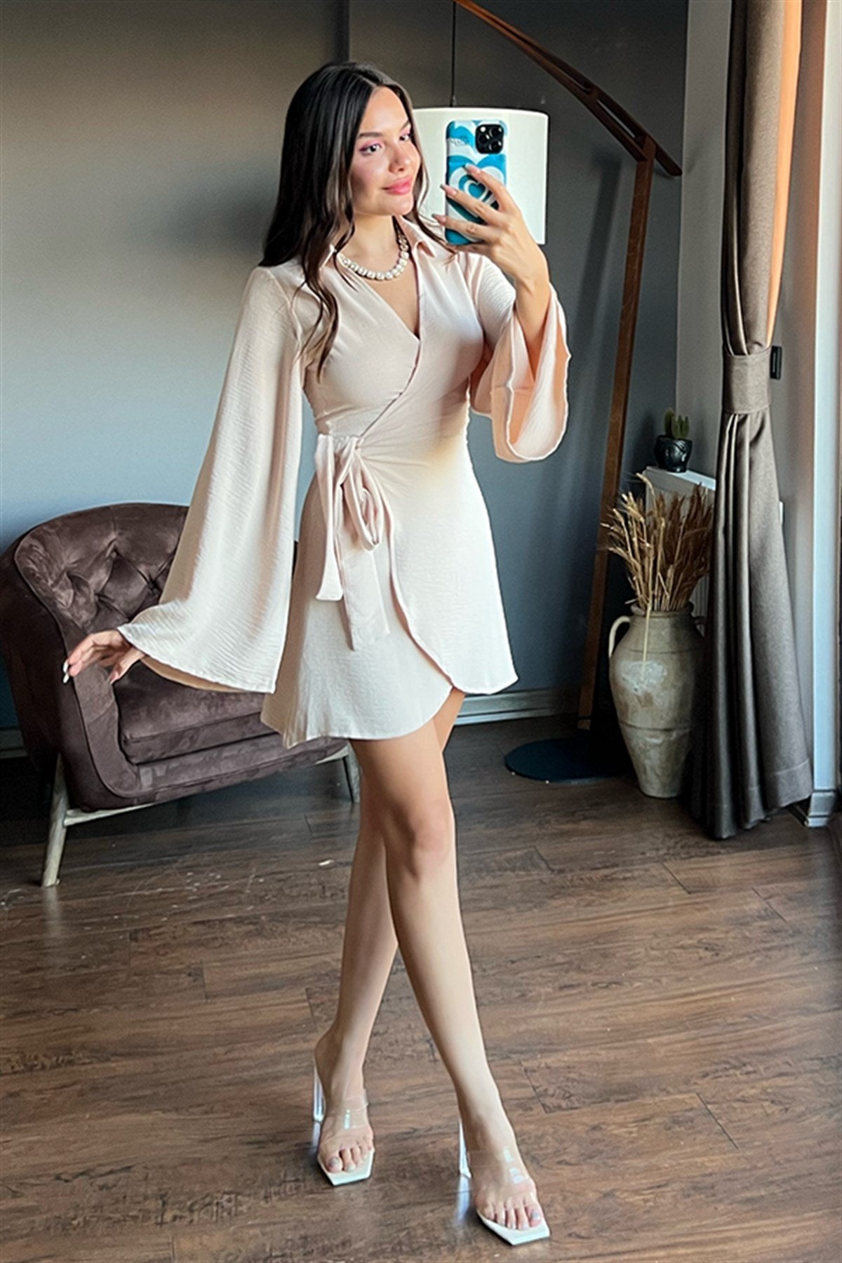 Yarasa kol yandan bağlamalı ekru elbise