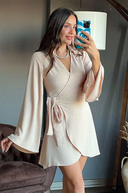 Yarasa kol yandan bağlamalı ekru elbise