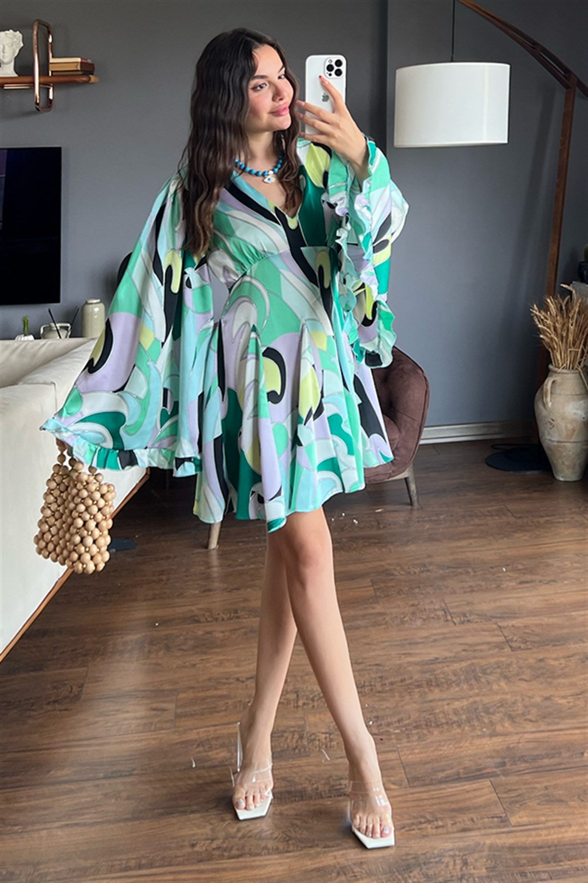 Yarasa kol yeşil saten dokulu elbise