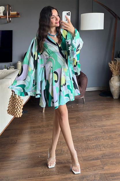 Yarasa kol yeşil saten dokulu elbise