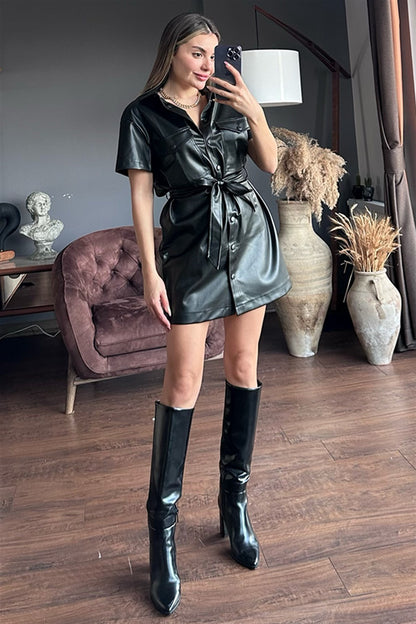 Yarım kollu deri gömlek elbise