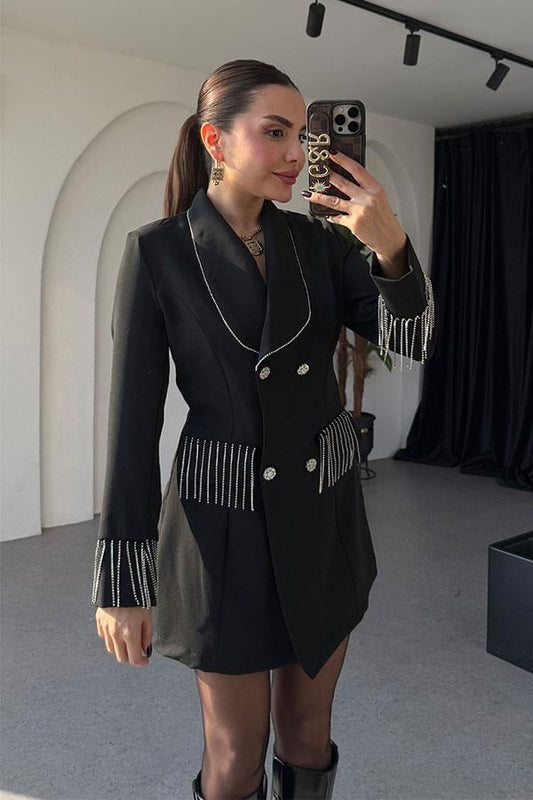 Yousef Siyah Taşlı Blazer Elbise