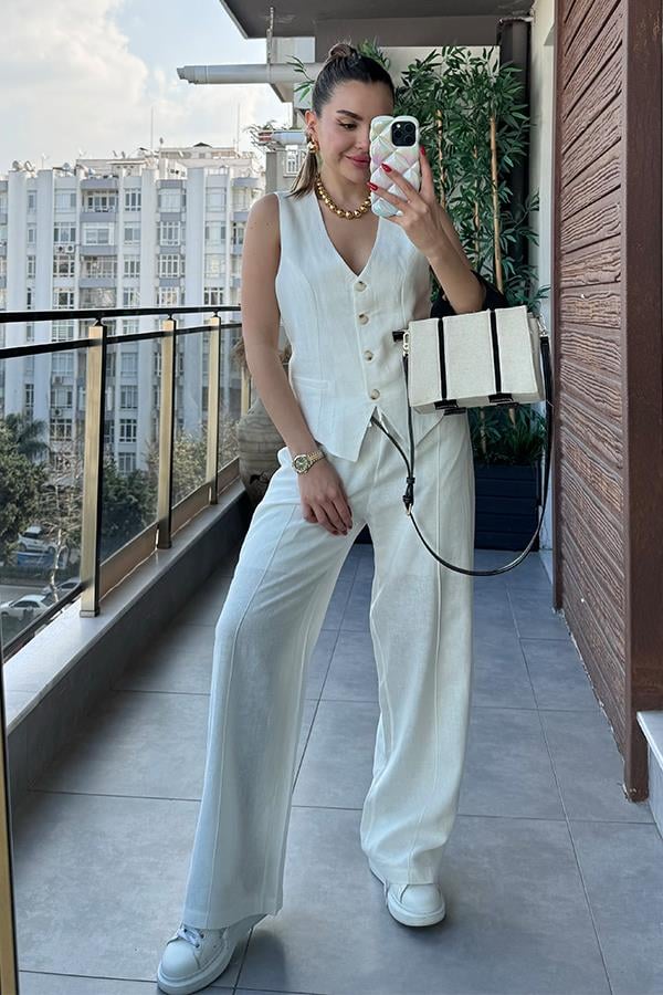 Yuled Yelek Pantolon Takım - Ekru