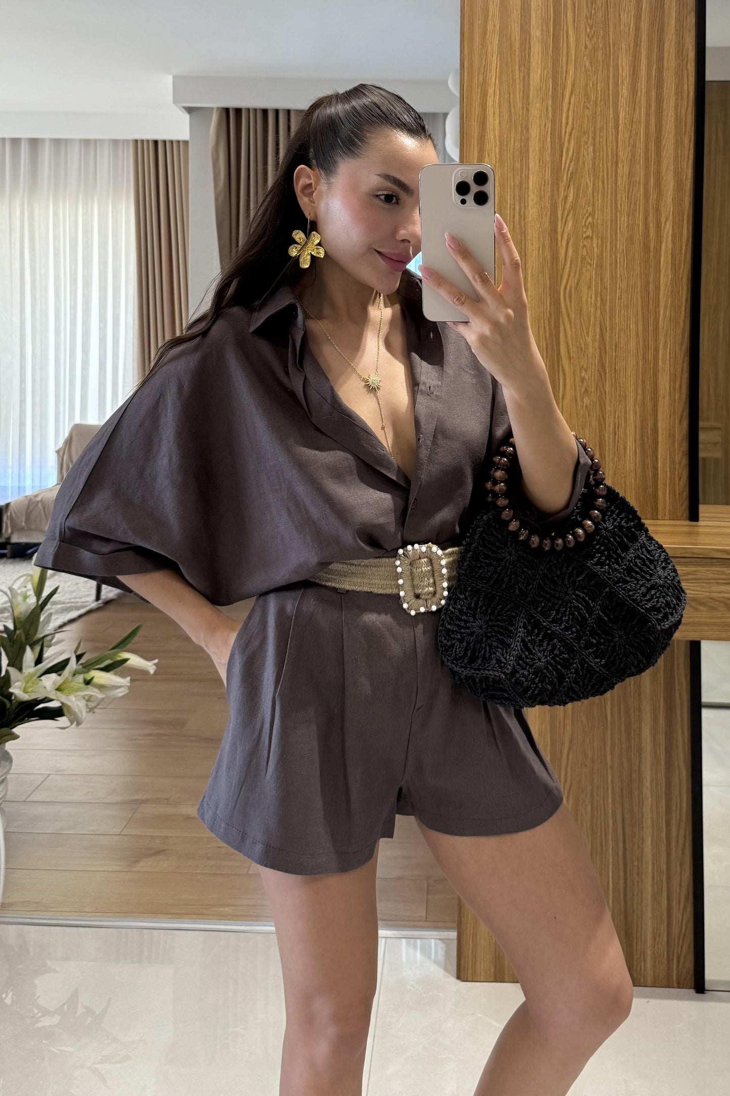 Zavina Kahve Kemerli Ham Keten Takım