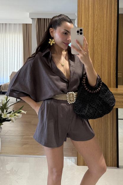 Zavina Kahve Kemerli Ham Keten Takım