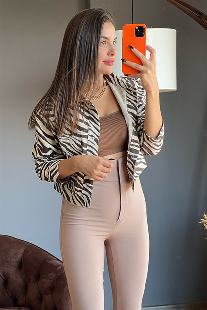Zebra desen kahve çizgili mini ceket