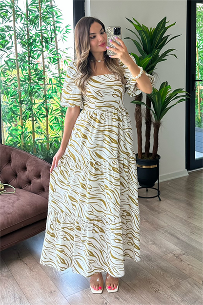 Zebra desen yağ yeşili balon kol elbise